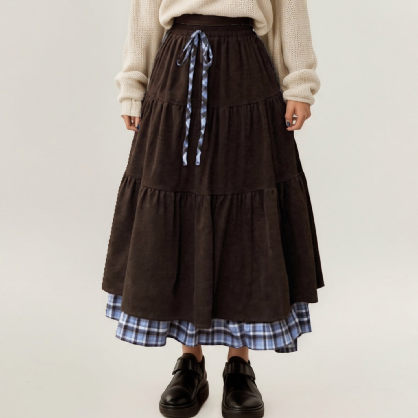 Tiered Midi Skirt with Adjustable Drawstring Waist and Layered Plaid Hem Detail for Soft Flowing Movement and Comfort