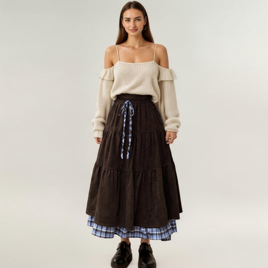 Tiered Midi Skirt with Adjustable Drawstring Waist and Layered Plaid Hem Detail for Soft Flowing Movement and Comfort