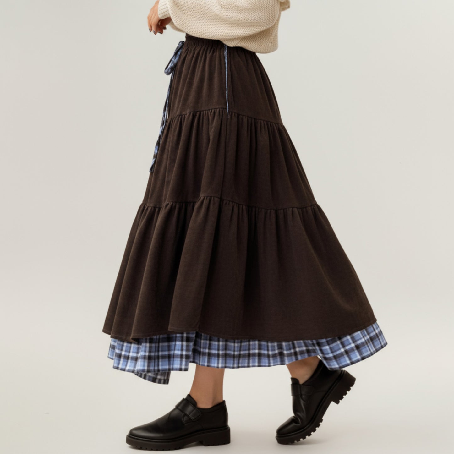 Tiered Midi Skirt with Adjustable Drawstring Waist and Layered Plaid Hem Detail for Soft Flowing Movement and Comfort