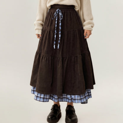 Tiered Midi Skirt with Adjustable Drawstring Waist and Layered Plaid Hem Detail for Soft Flowing Movement and Comfort