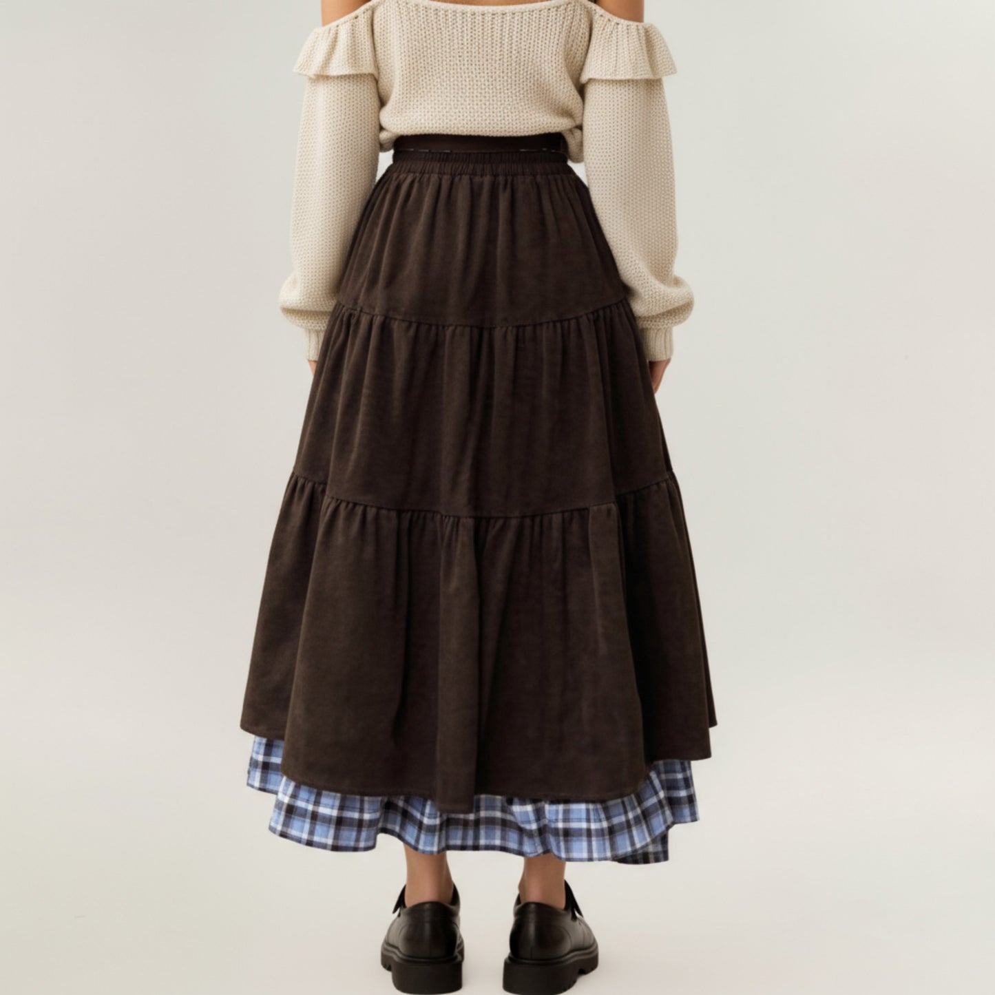 Tiered Midi Skirt with Adjustable Drawstring Waist and Layered Plaid Hem Detail for Soft Flowing Movement and Comfort