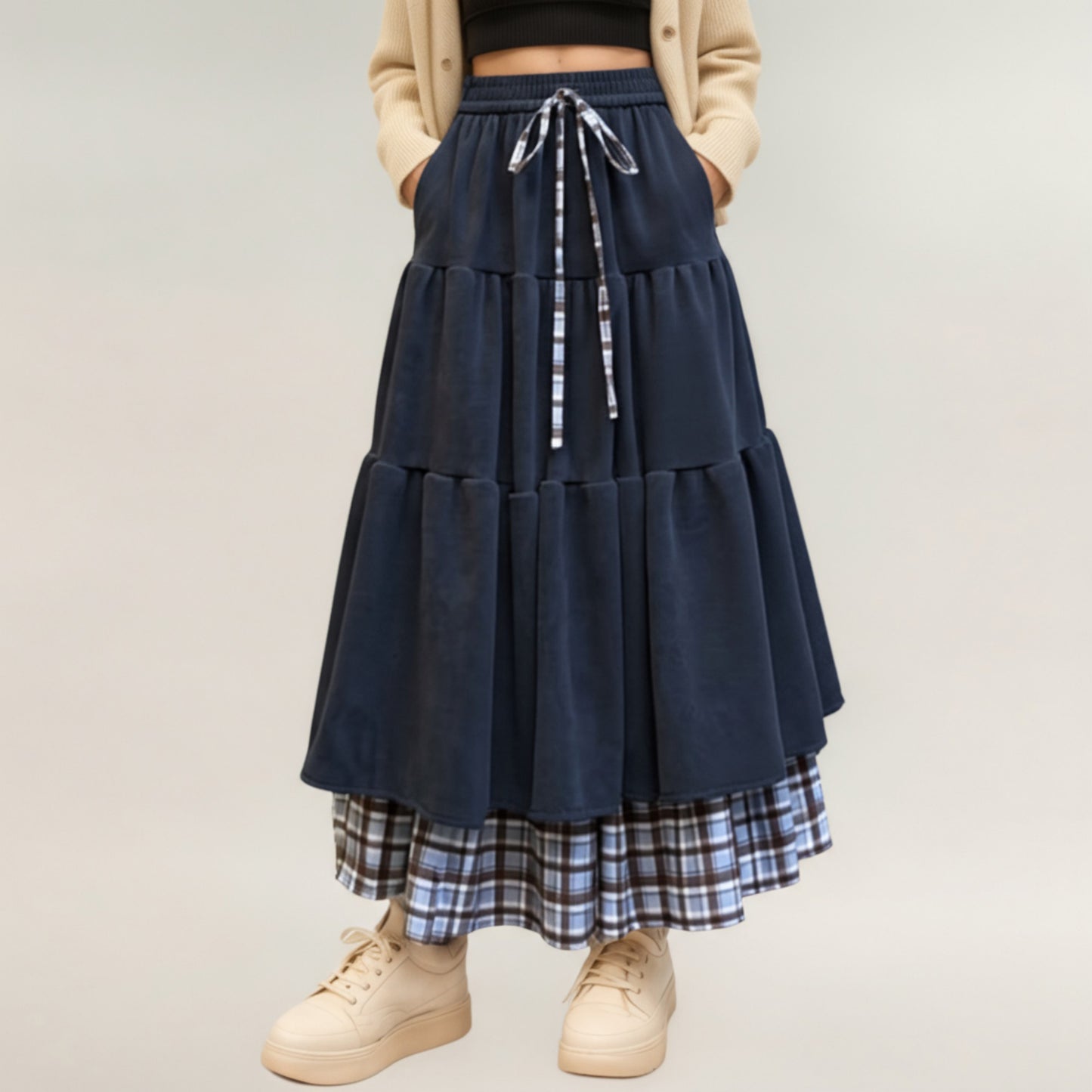 Tiered Midi Skirt with Adjustable Drawstring Waist and Layered Plaid Hem Detail for Soft Flowing Movement and Comfort