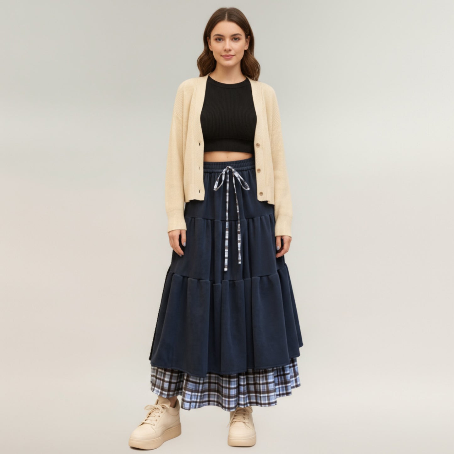 Tiered Midi Skirt with Adjustable Drawstring Waist and Layered Plaid Hem Detail for Soft Flowing Movement and Comfort