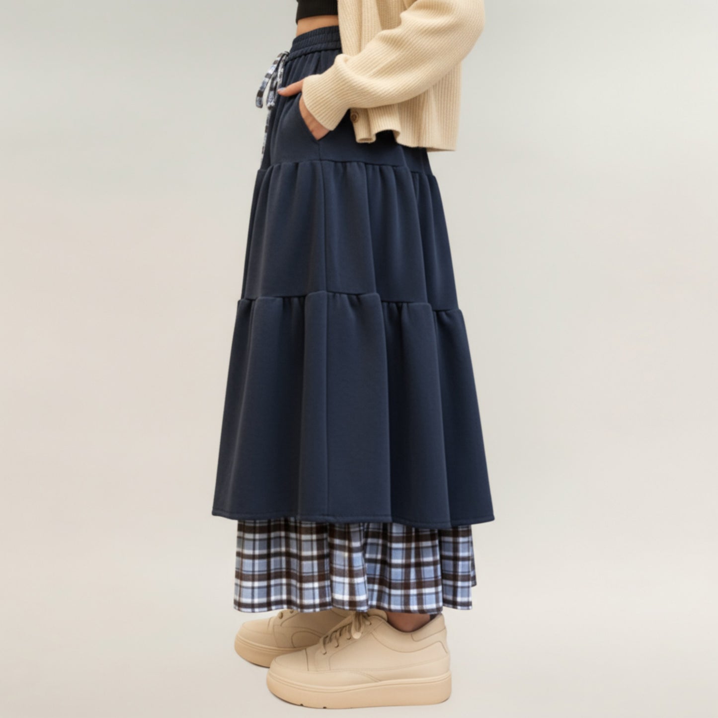 Tiered Midi Skirt with Adjustable Drawstring Waist and Layered Plaid Hem Detail for Soft Flowing Movement and Comfort