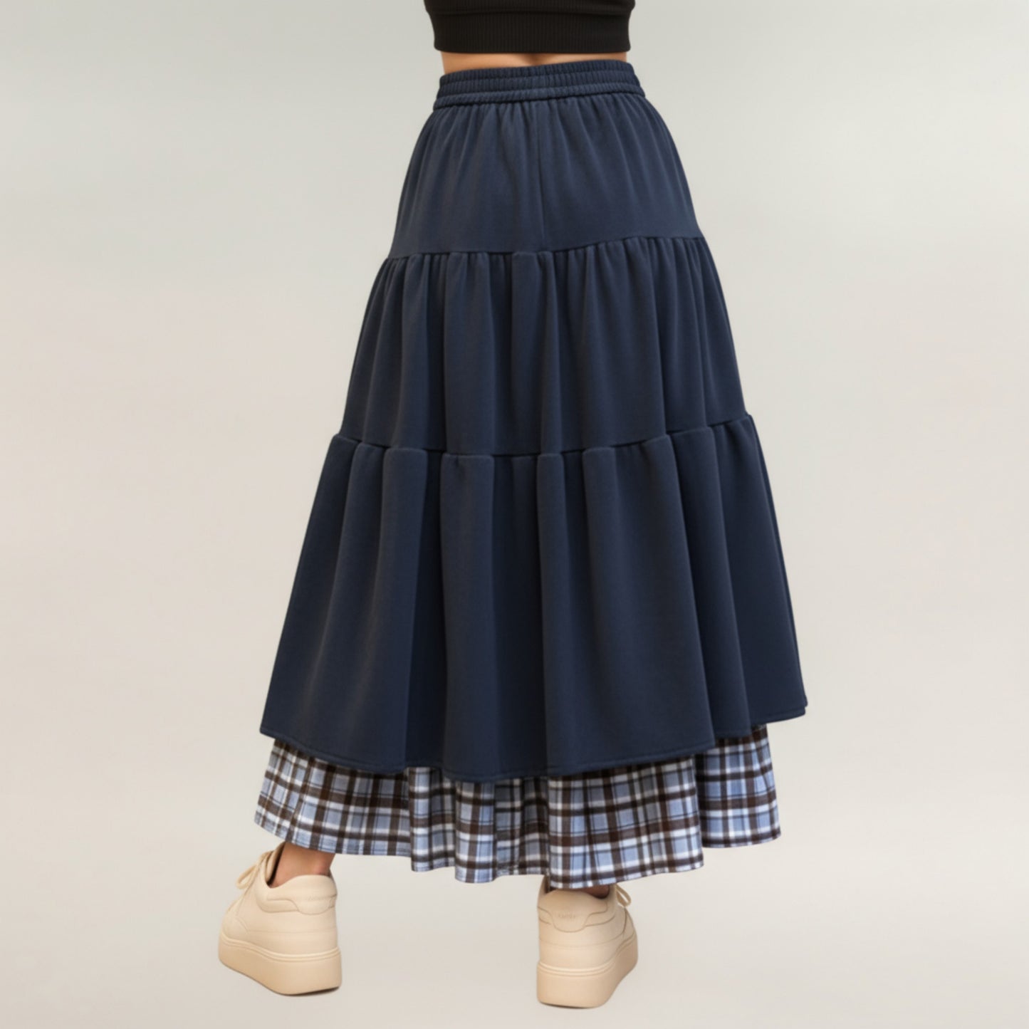 Tiered Midi Skirt with Adjustable Drawstring Waist and Layered Plaid Hem Detail for Soft Flowing Movement and Comfort