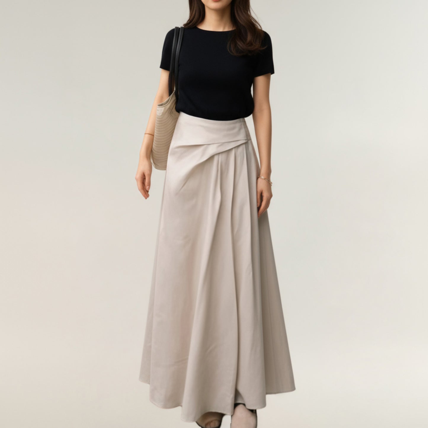 High Waist A-Line Maxi Skirt with Soft Draped Pleat Detail and Flowing Full-Length Silhouette