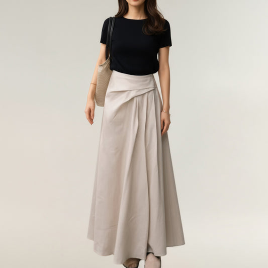 High Waist A-Line Maxi Skirt with Soft Draped Pleat Detail and Flowing Full-Length Silhouette