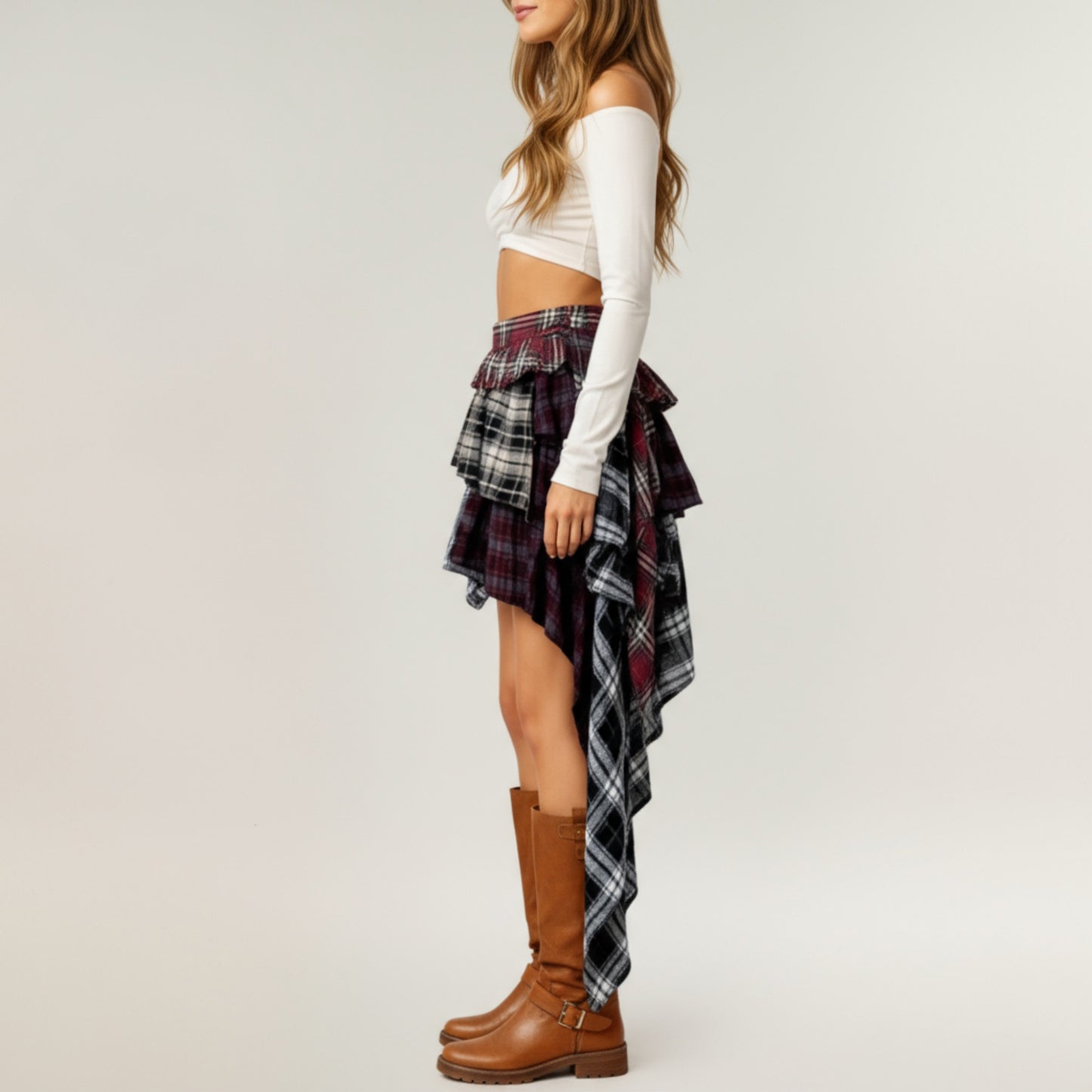Asymmetric Plaid Mini Skirt with Layered Ruffle Details and Draped Handkerchief Hem Design