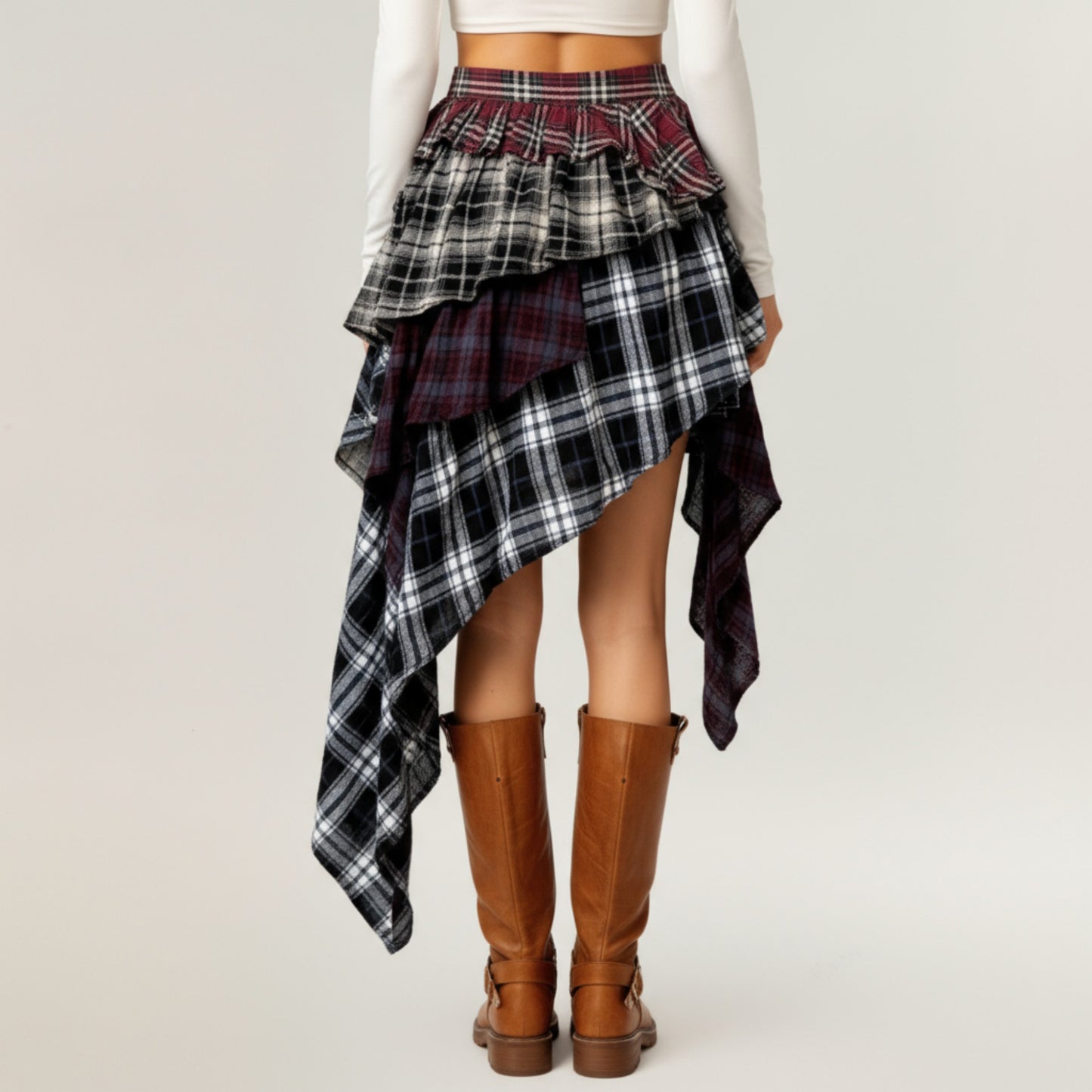 Asymmetric Plaid Mini Skirt with Layered Ruffle Details and Draped Handkerchief Hem Design