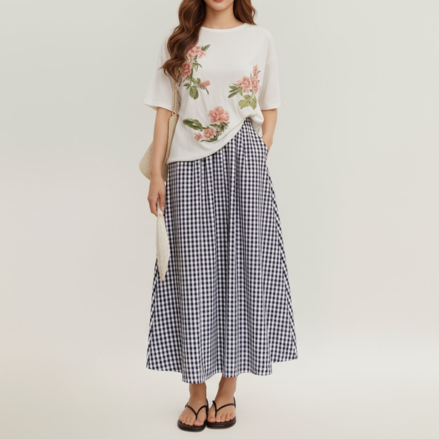 Gingham Pattern Maxi Skirt with Full Gathered Silhouette and Soft Flowing Fabric Design