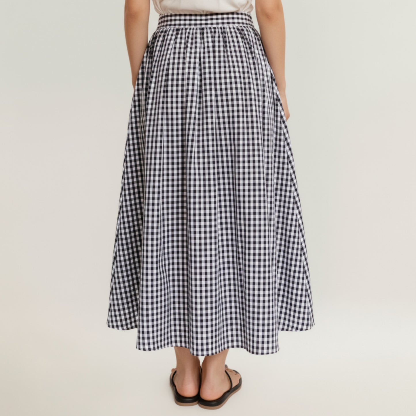 Gingham Pattern Maxi Skirt with Full Gathered Silhouette and Soft Flowing Fabric Design