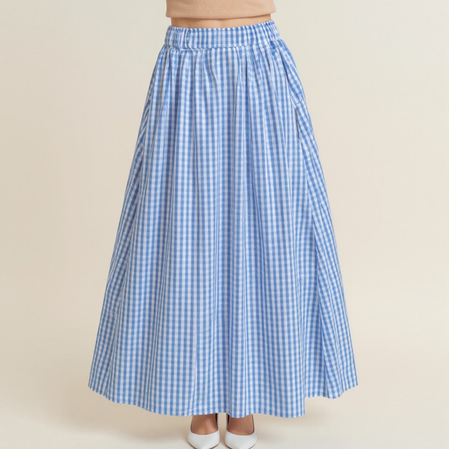 Gingham Pattern Maxi Skirt with Full Gathered Silhouette and Soft Flowing Fabric Design