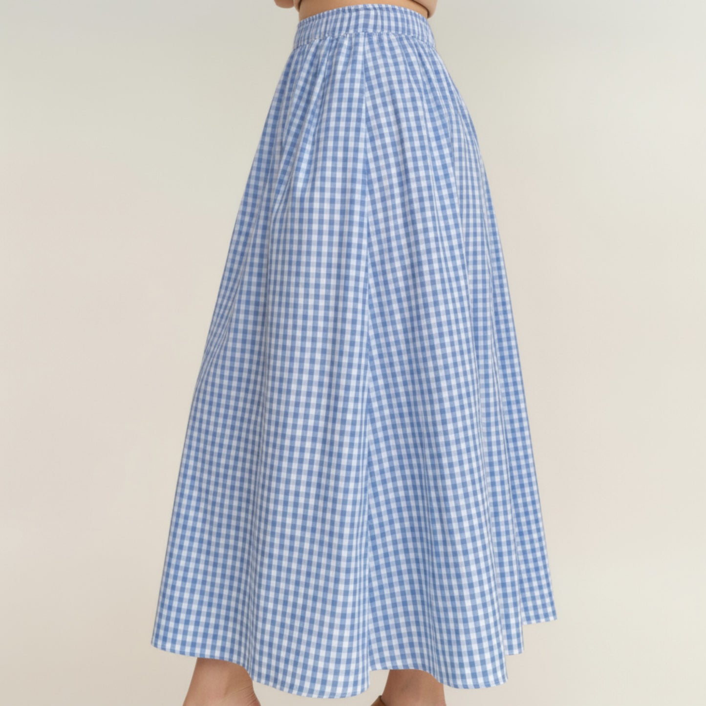 Gingham Pattern Maxi Skirt with Full Gathered Silhouette and Soft Flowing Fabric Design