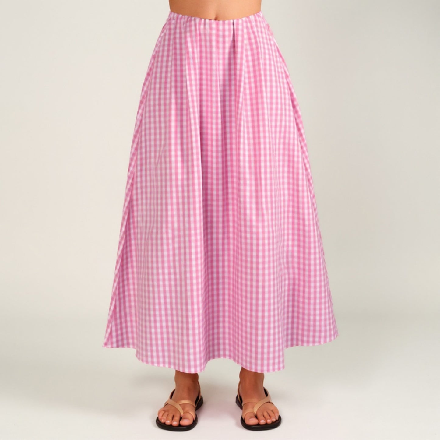 Gingham Pattern Maxi Skirt with Full Gathered Silhouette and Soft Flowing Fabric Design