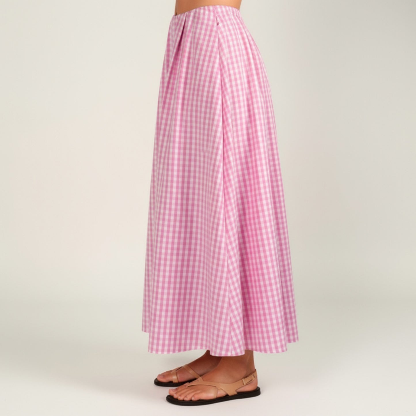 Gingham Pattern Maxi Skirt with Full Gathered Silhouette and Soft Flowing Fabric Design