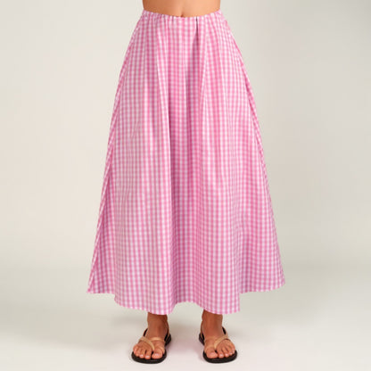 Gingham Pattern Maxi Skirt with Full Gathered Silhouette and Soft Flowing Fabric Design