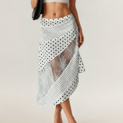 Polka Dot and Lace Patchwork Midi Skirt with Asymmetrical Layered Panels and Soft Flowing Drape