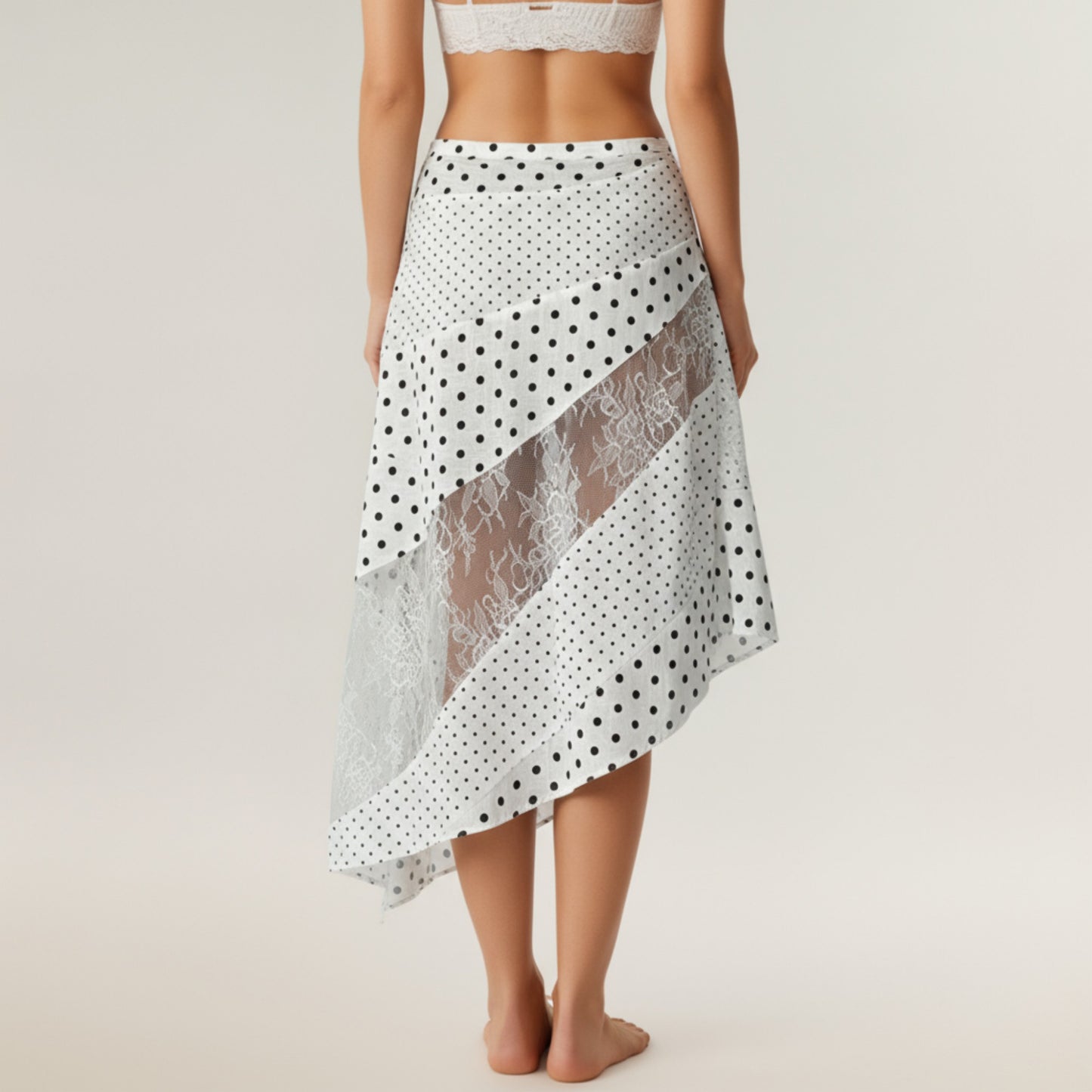 Polka Dot and Lace Patchwork Midi Skirt with Asymmetrical Layered Panels and Soft Flowing Drape
