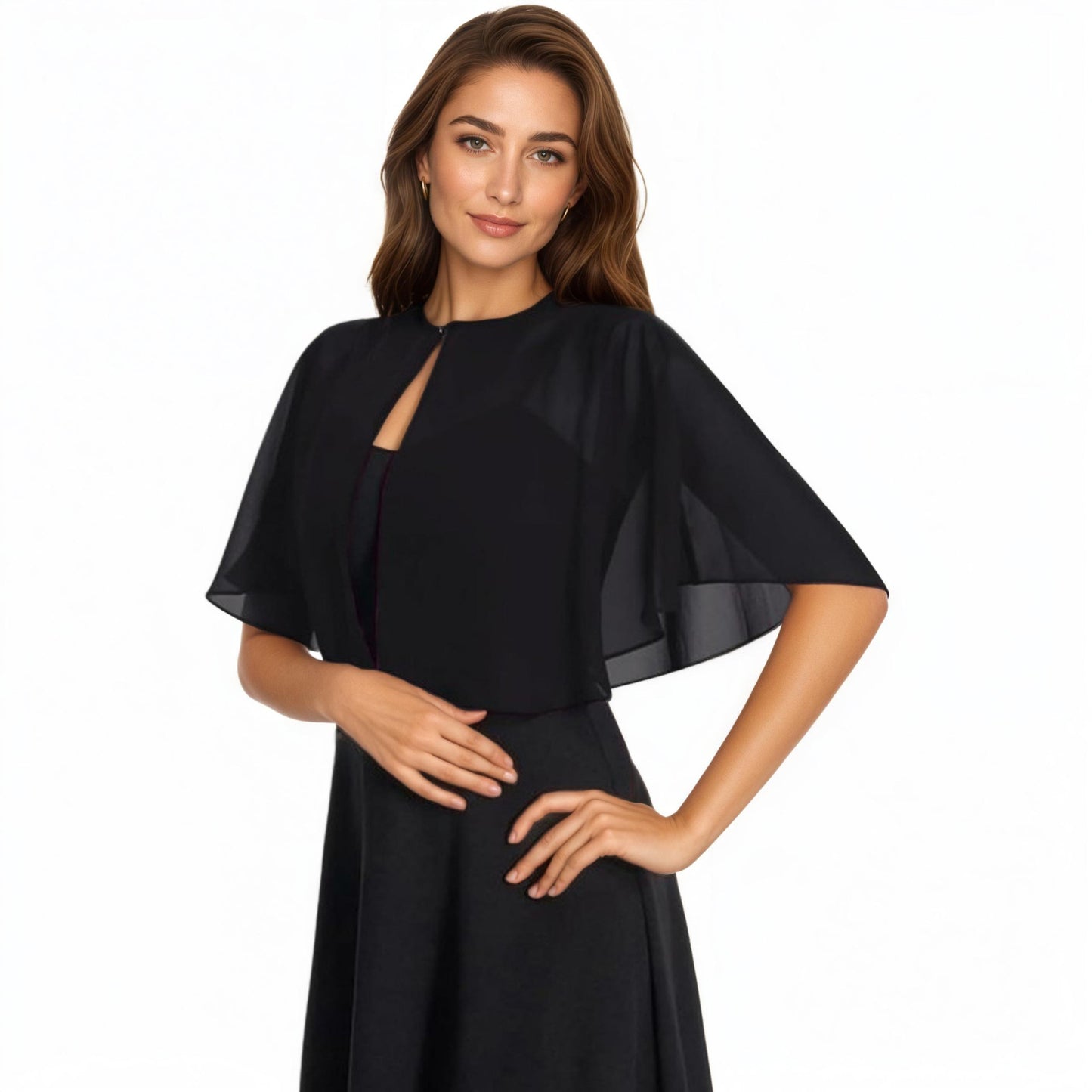 Sheer Flutter Sleeve Capelet Topper with Flowing Layered Silhouette and Elegant Front Closure