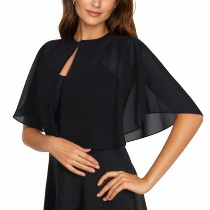 Sheer Flutter Sleeve Capelet Topper with Flowing Layered Silhouette and Elegant Front Closure