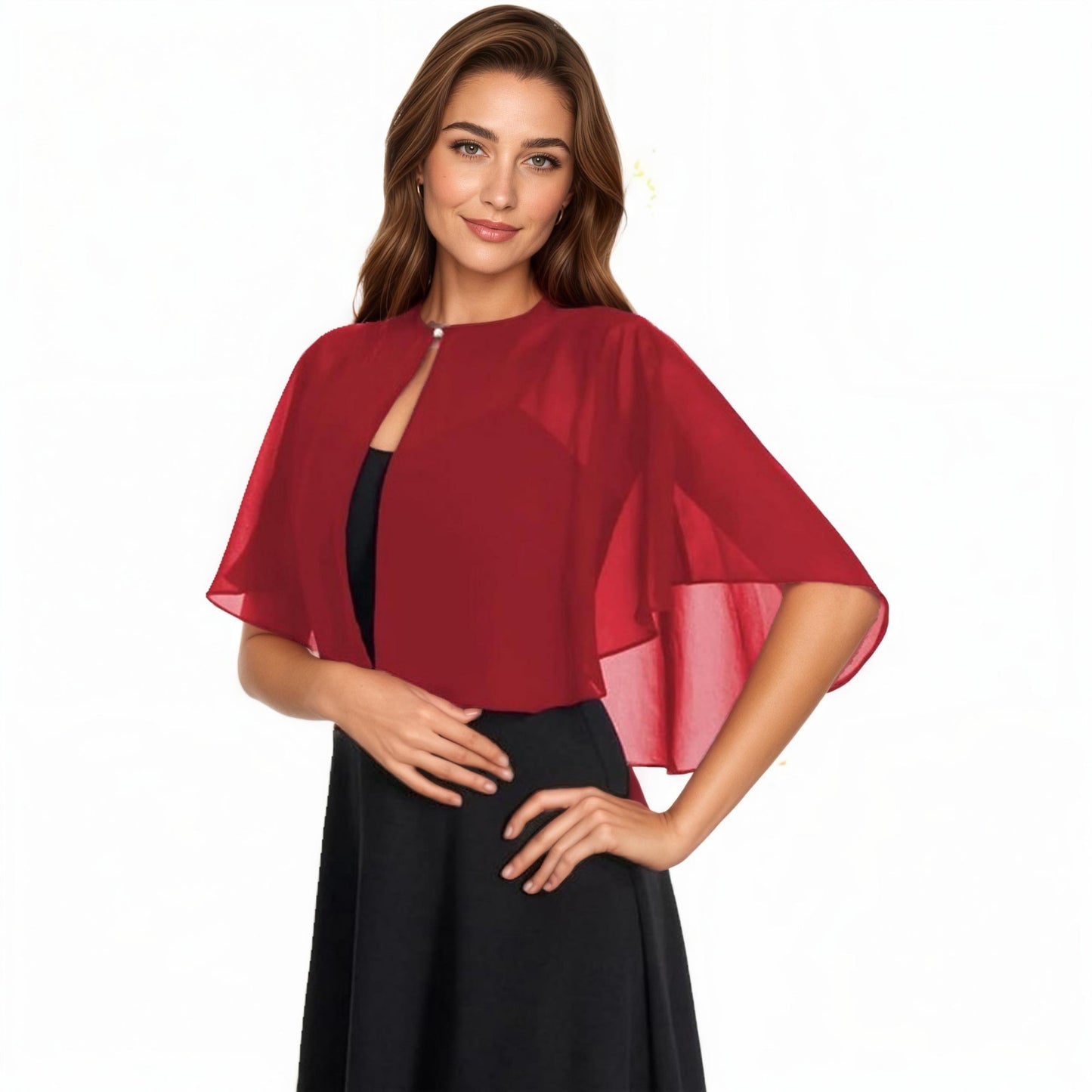 Sheer Flutter Sleeve Capelet Topper with Flowing Layered Silhouette and Elegant Front Closure
