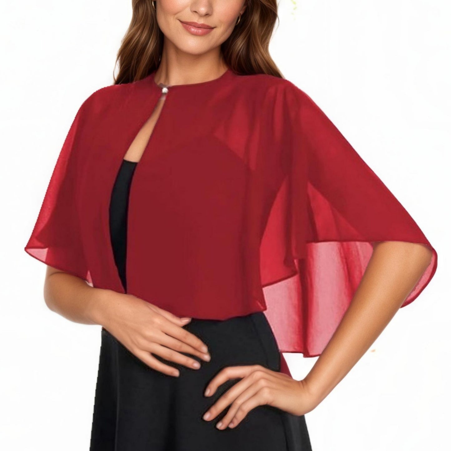 Sheer Flutter Sleeve Capelet Topper with Flowing Layered Silhouette and Elegant Front Closure
