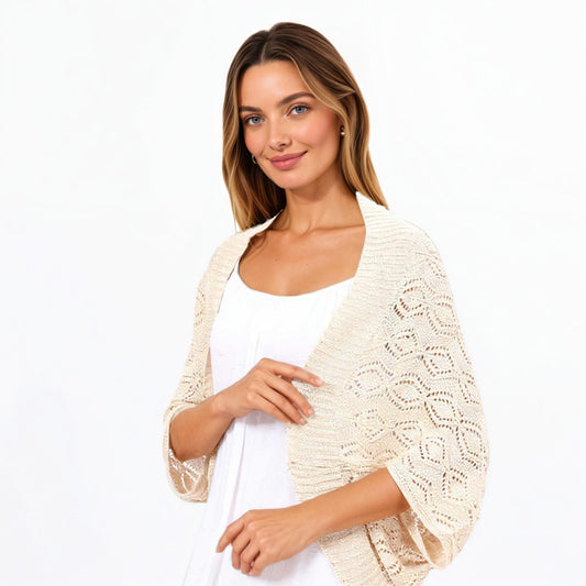 Open Knit Shrug Cardigan with Delicate Textured Pattern and Lightweight Drape for Everyday Tops