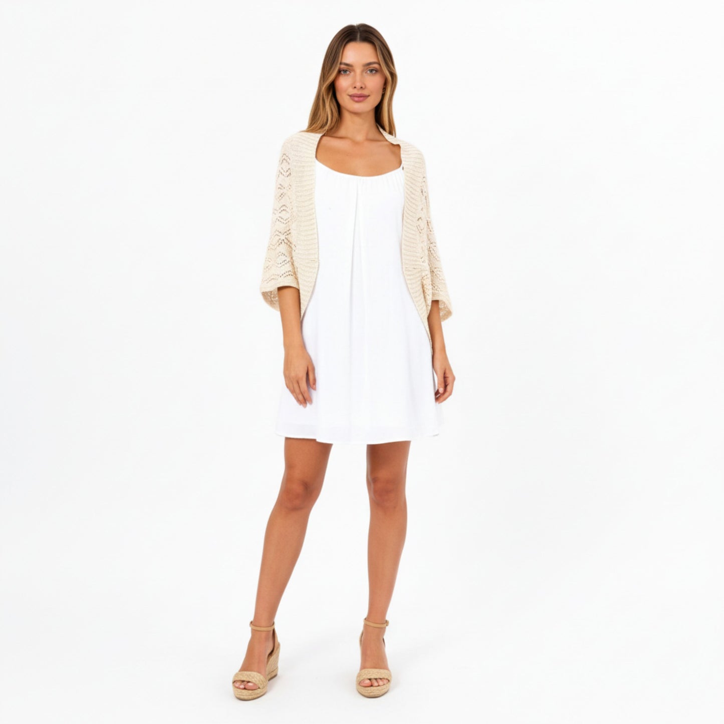 Open Knit Shrug Cardigan with Delicate Textured Pattern and Lightweight Drape for Everyday Tops