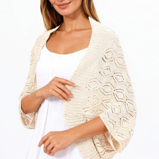 Open Knit Shrug Cardigan with Delicate Textured Pattern and Lightweight Drape for Everyday Tops