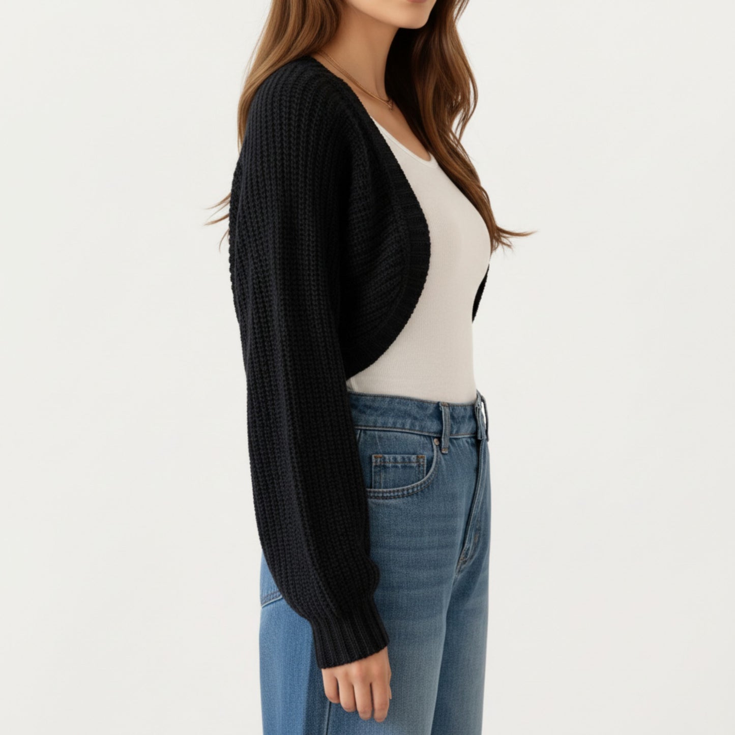 Cropped Knit Shrug Cardigan with Long Sleeves Soft Textured Rib Fabric and Open Front Bolero Silhouette