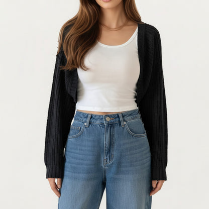 Cropped Knit Shrug Cardigan with Long Sleeves Soft Textured Rib Fabric and Open Front Bolero Silhouette