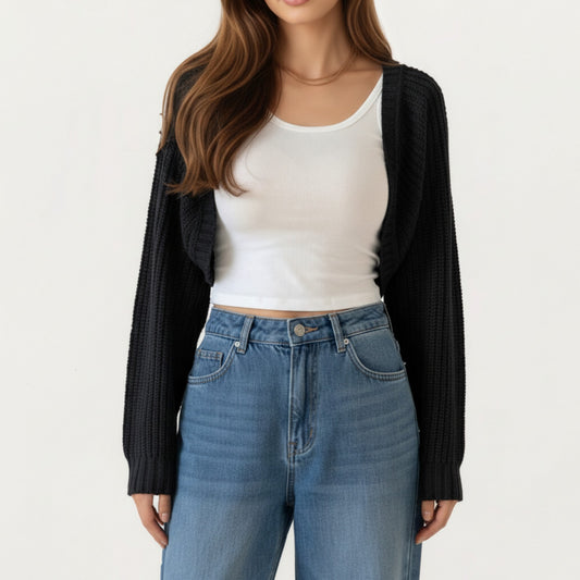 Cropped Knit Shrug Cardigan with Long Sleeves Soft Textured Rib Fabric and Open Front Bolero Silhouette