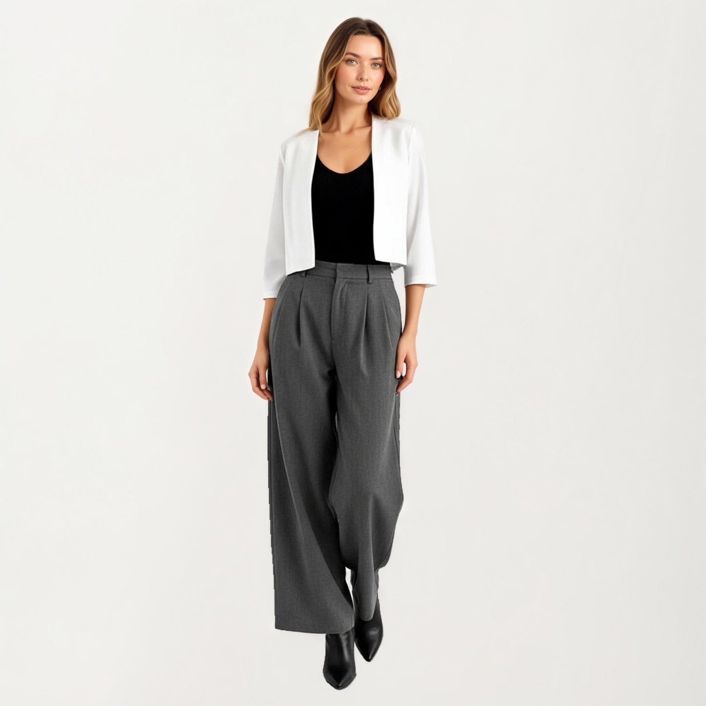 Open Front Cropped Blazer with 3/4 Sleeves Structured Clean Lines and Soft Fabric for a Polished Layered Look