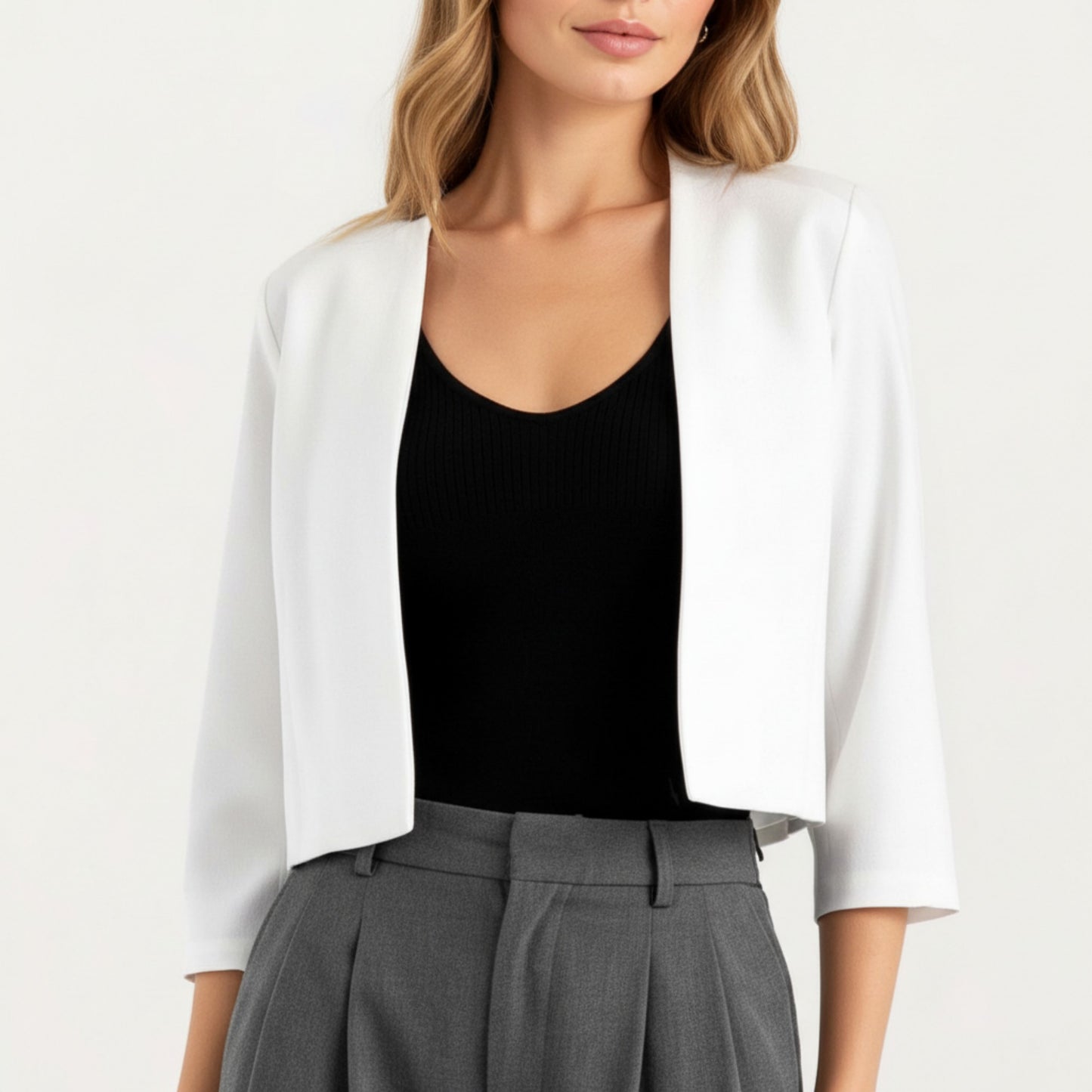 Open Front Cropped Blazer with 3/4 Sleeves Structured Clean Lines and Soft Fabric for a Polished Layered Look