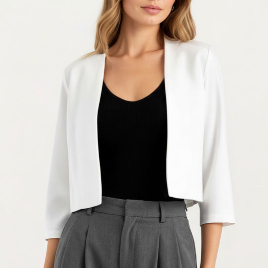 Open Front Cropped Blazer with 3/4 Sleeves Structured Clean Lines and Soft Fabric for a Polished Layered Look