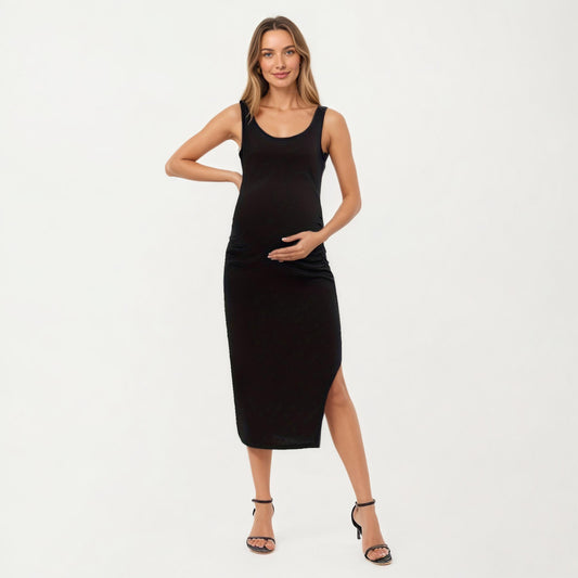 Maternity Tank Midi Dress with Soft Stretch Knit Fabric Flattering Side Ruching and Comfortable Body-Hugging Fit