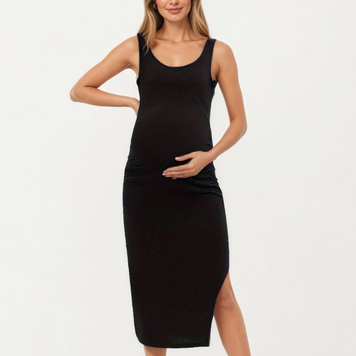 Maternity Tank Midi Dress with Soft Stretch Knit Fabric Flattering Side Ruching and Comfortable Body-Hugging Fit