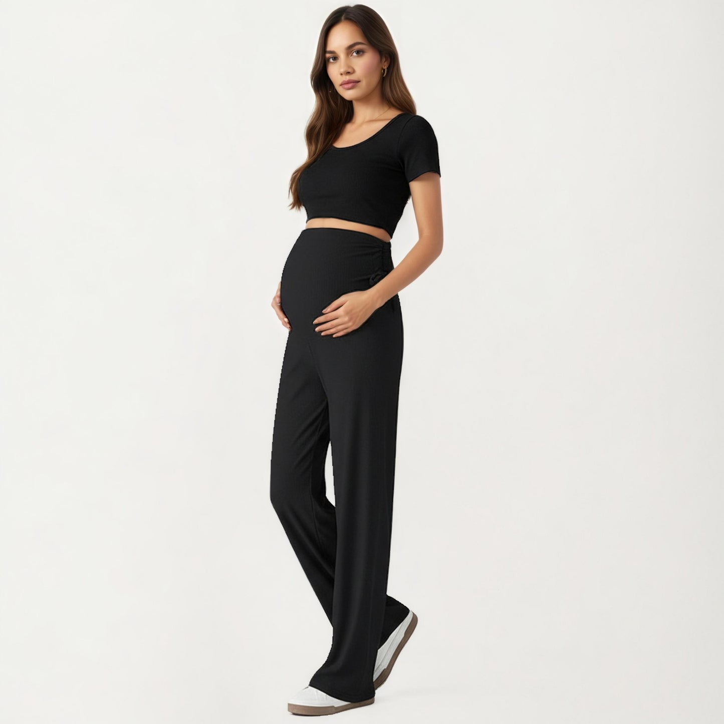 Maternity Wide Leg Pants with Adjustable Ruched Waist Stretch Knit Fabric and Relaxed Full-Length Fit for Comfort