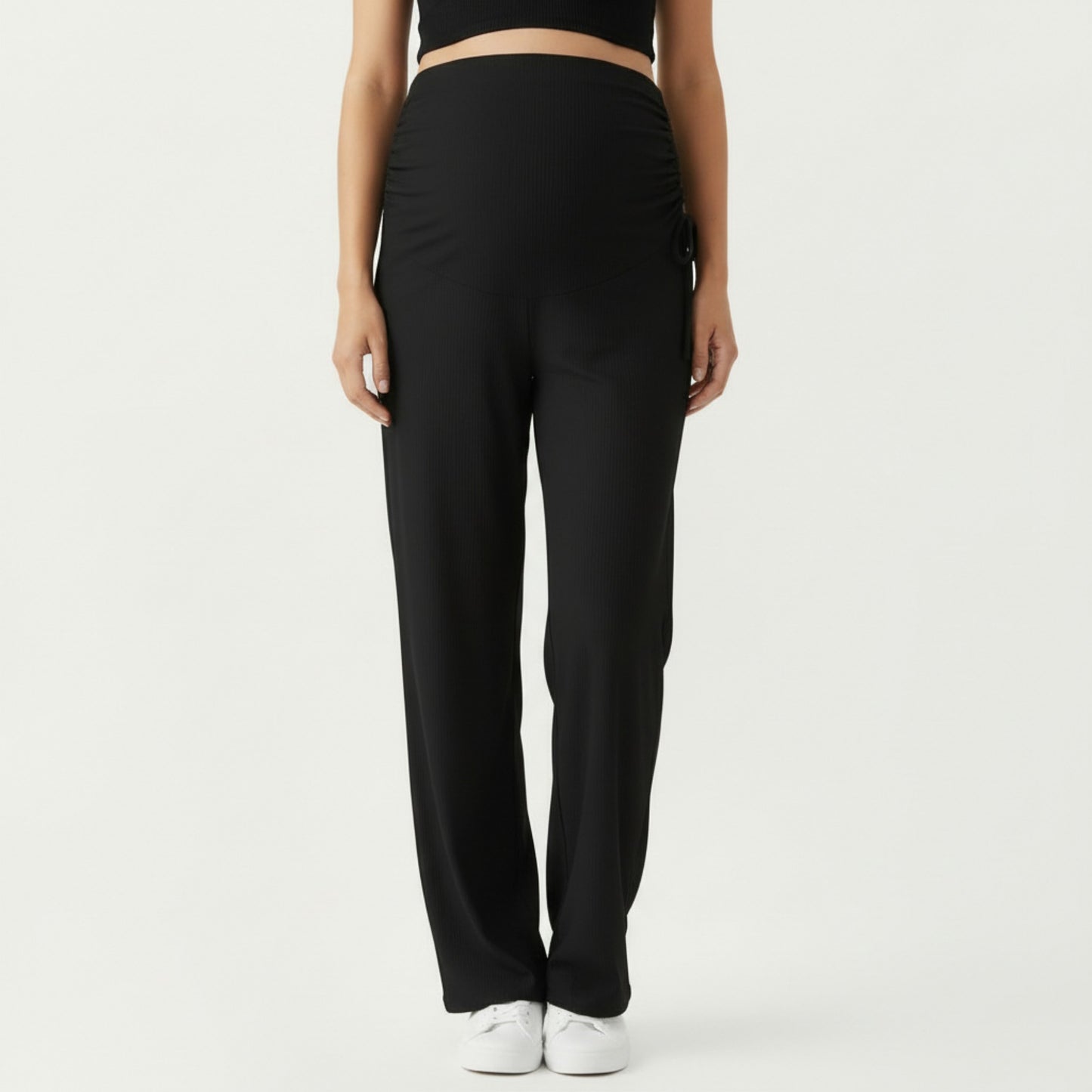 Maternity Wide Leg Pants with Adjustable Ruched Waist Stretch Knit Fabric and Relaxed Full-Length Fit for Comfort