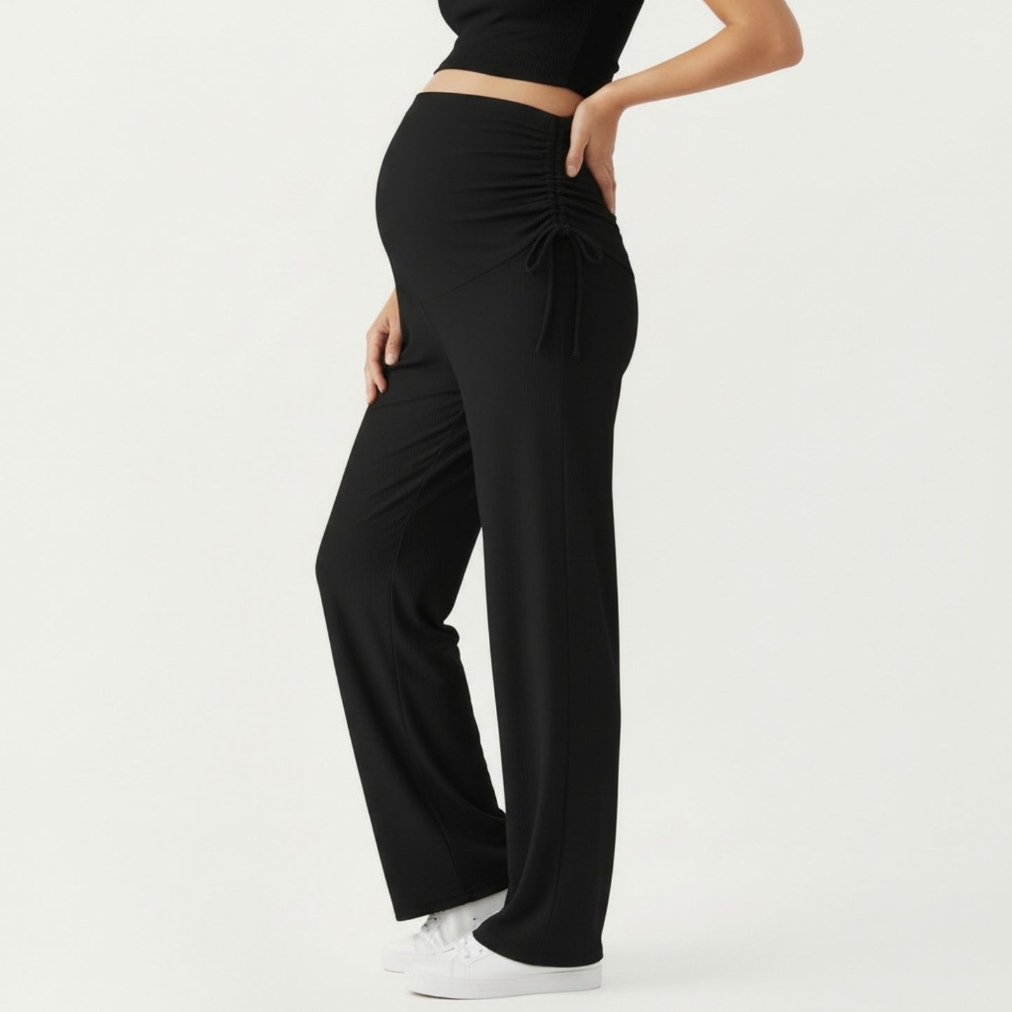 Maternity Wide Leg Pants with Adjustable Ruched Waist Stretch Knit Fabric and Relaxed Full-Length Fit for Comfort