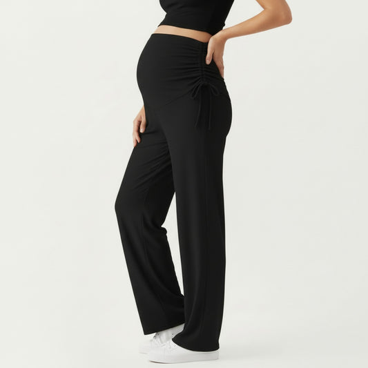 Maternity Wide Leg Pants with Adjustable Ruched Waist Stretch Knit Fabric and Relaxed Full-Length Fit for Comfort