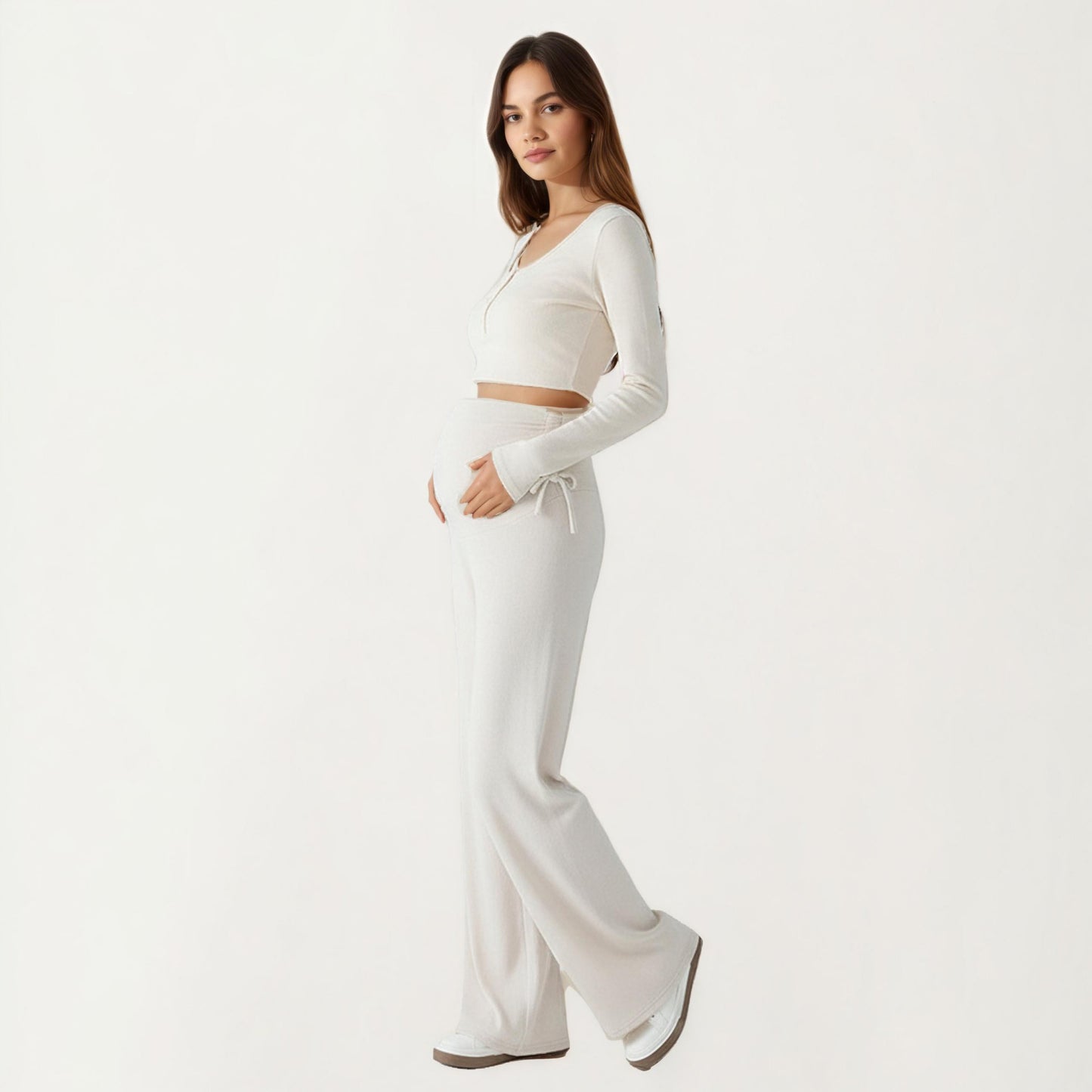 Maternity Wide Leg Pants with Adjustable Ruched Waist Stretch Knit Fabric and Relaxed Full-Length Fit for Comfort