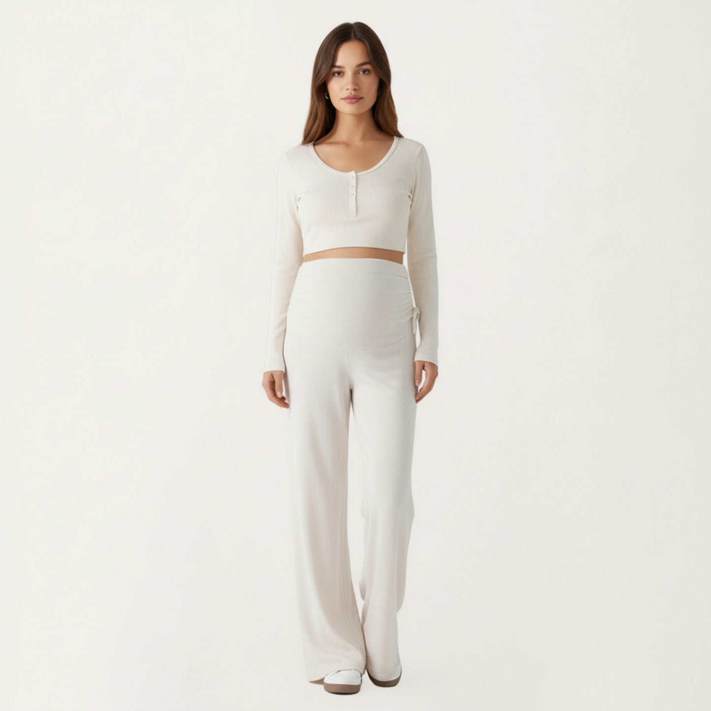 Maternity Wide Leg Pants with Adjustable Ruched Waist Stretch Knit Fabric and Relaxed Full-Length Fit for Comfort