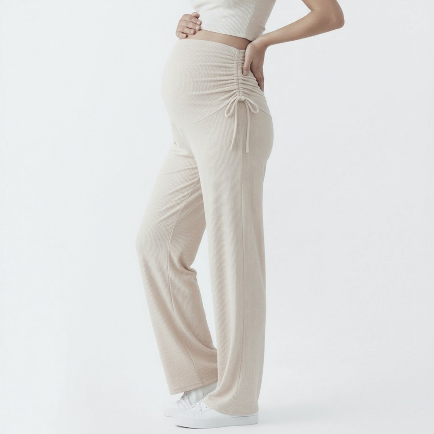 Maternity Wide Leg Pants with Adjustable Ruched Waist Stretch Knit Fabric and Relaxed Full-Length Fit for Comfort