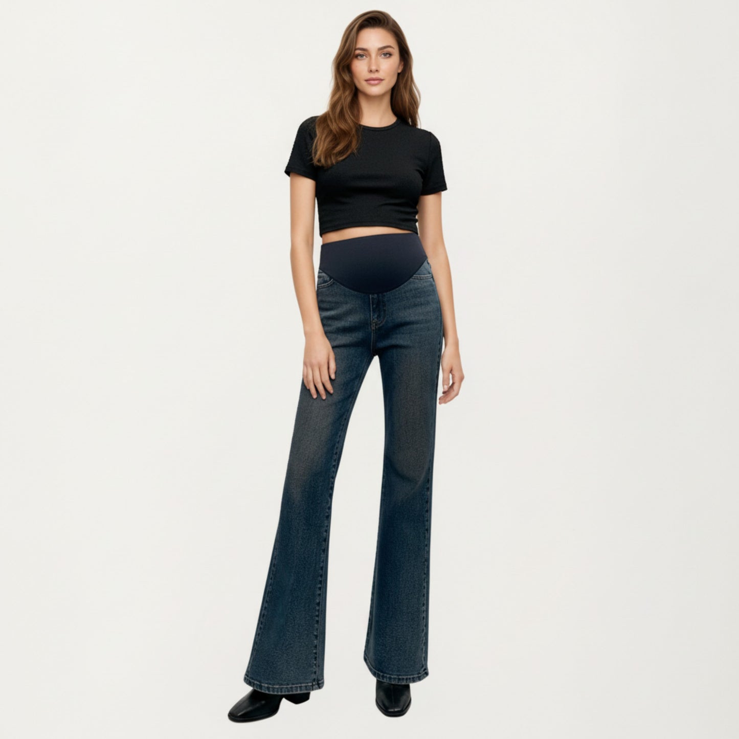 Maternity Full Panel Flare Jeans with Stretch Knit Belly Band Soft Denim Fabric and Comfortable Bootcut Fit