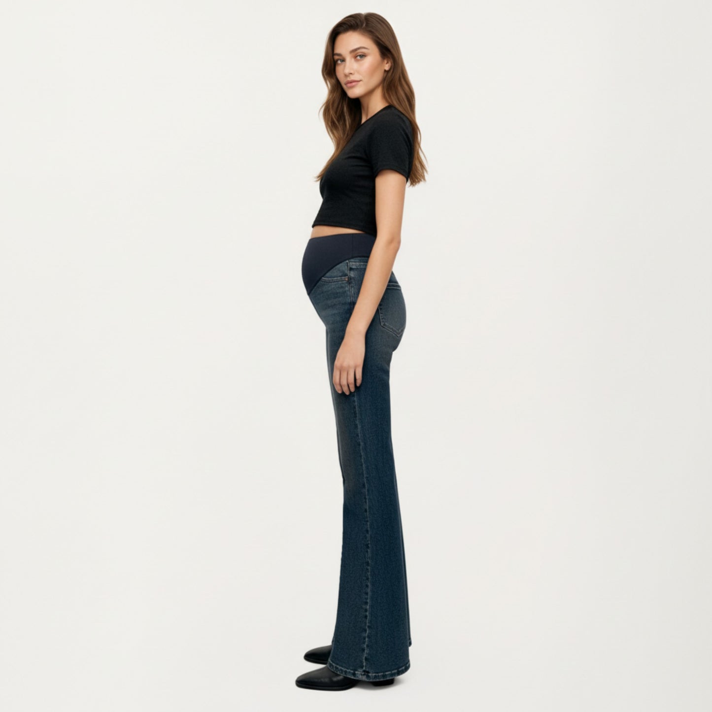 Maternity Full Panel Flare Jeans with Stretch Knit Belly Band Soft Denim Fabric and Comfortable Bootcut Fit