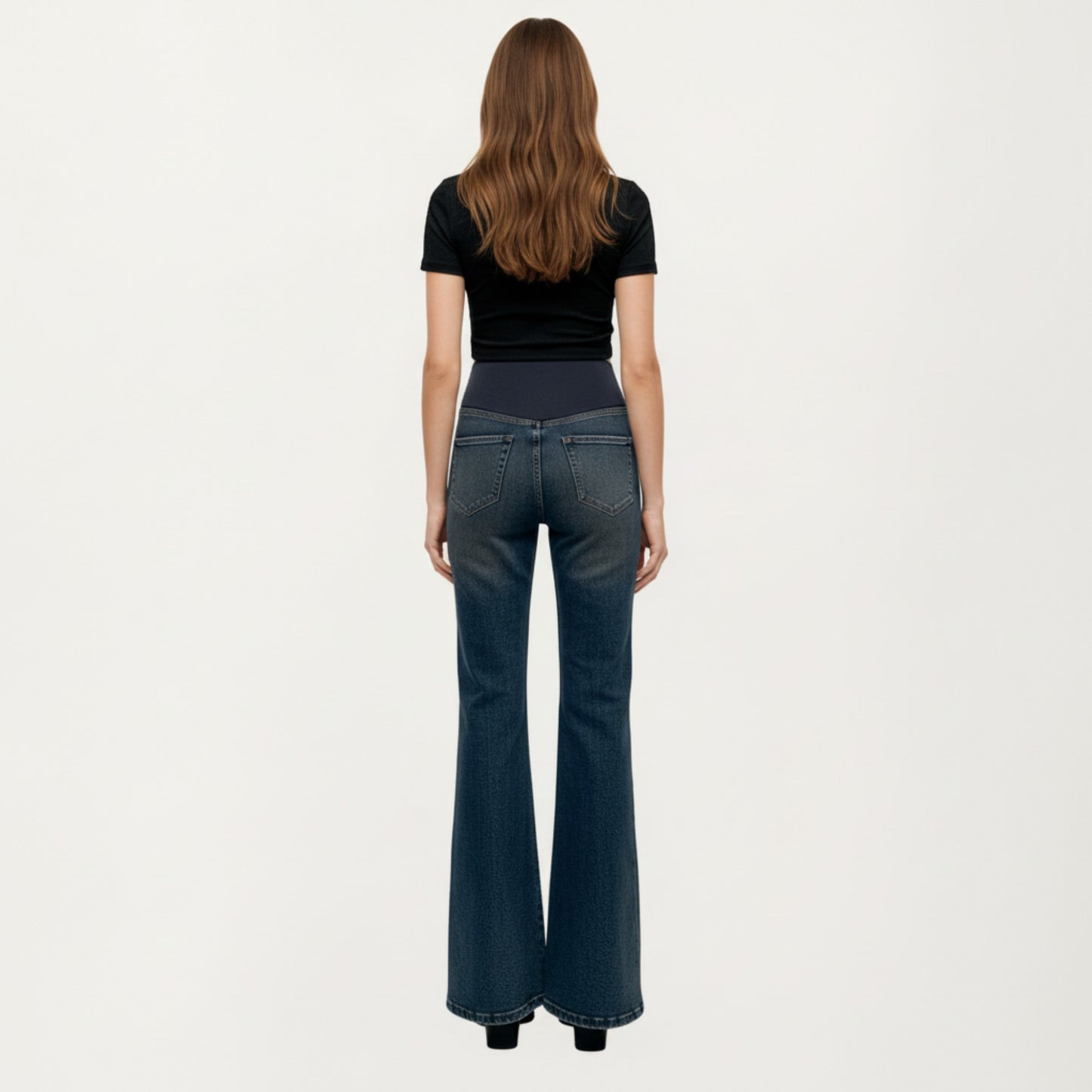 Maternity Full Panel Flare Jeans with Stretch Knit Belly Band Soft Denim Fabric and Comfortable Bootcut Fit