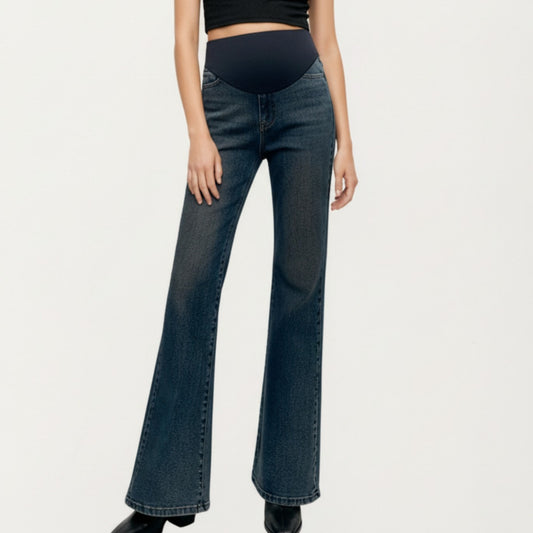 Maternity Full Panel Flare Jeans with Stretch Knit Belly Band Soft Denim Fabric and Comfortable Bootcut Fit