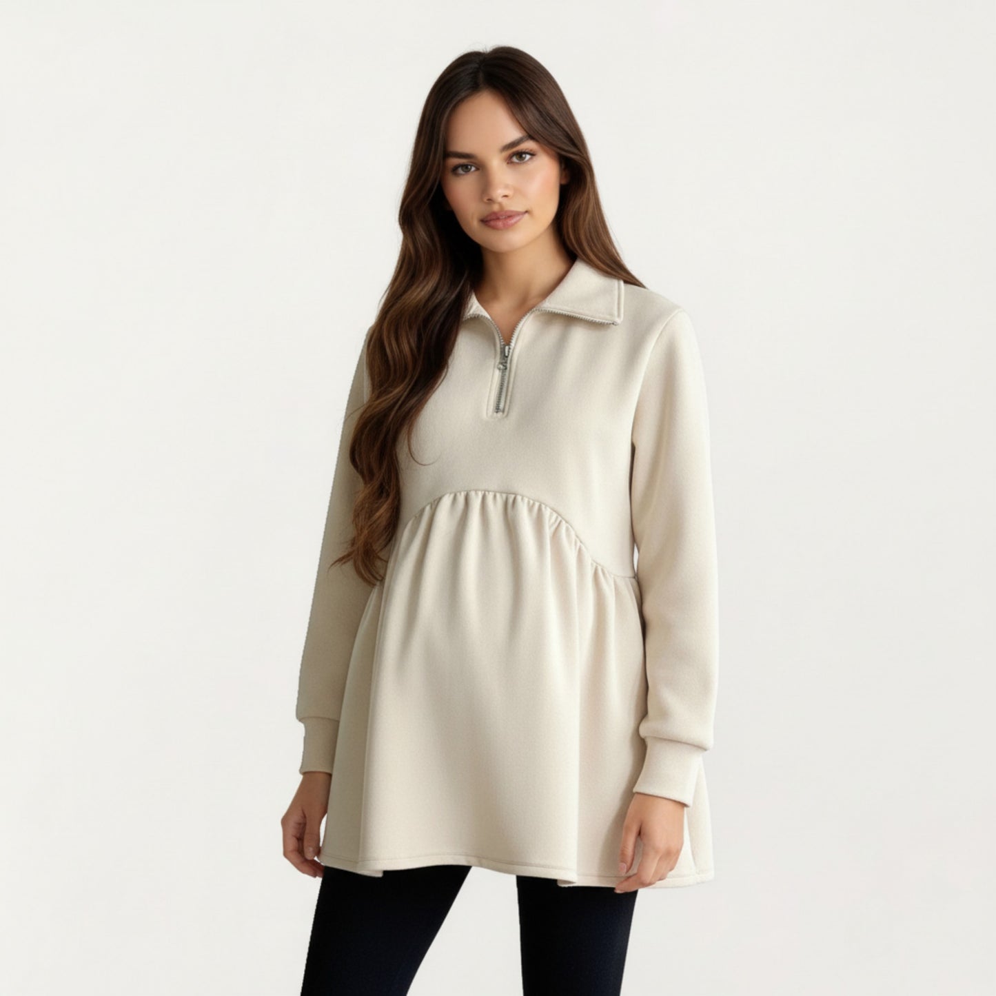 Maternity Quarter Zip Long Sleeve Top with Fleece Feel Elastic Empire Waist and Relaxed Tunic Silhouette