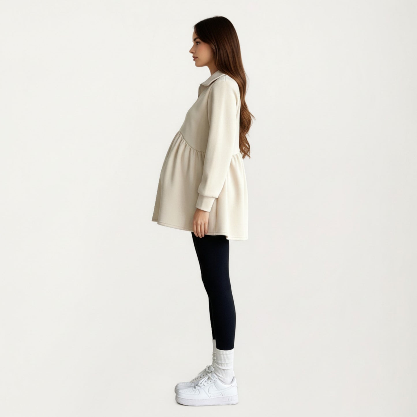 Maternity Quarter Zip Long Sleeve Top with Fleece Feel Elastic Empire Waist and Relaxed Tunic Silhouette